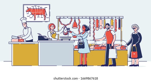 Butchery Shop Concept. People Are Choosing And Buying Meat Products. Sellers Offers Fresh Assortment Of Various Types of Products. Set Of Cartoon Linear Outline Flat Vector Illustration