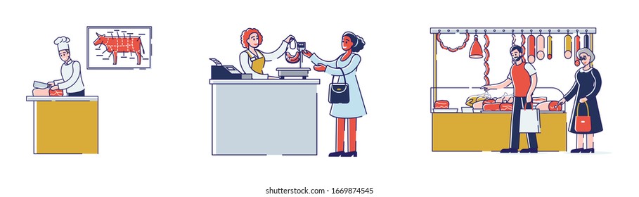 Butchery Shop Concept. People Are Choosing And Buying Meat Products. Sellers Offers Fresh Assortment. Set Of Cartoon Linear Outline Flat Vector Illustration