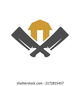 Butchery shop crossed kitchen cutter warehouse livestock farm breeding vintage logo vector illustration. Butcher organic meat production beef pork bacon ham countryside village house emblem