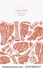 Butchery Shop Design Template. Vector Hand Drawn Meat Banner. Vintage Style Bar B Q Menu Illustration.