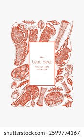 Butchery Shop Design Template. Vector Hand Drawn Meat Banner. Vintage Style Bar B Q Menu Illustration.