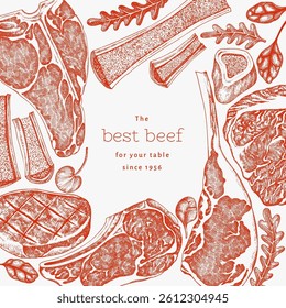 Butchery Shop Design Template. Vector Hand Drawn Meat Banner. Vintage Style Bar B Q Menu Illustration.