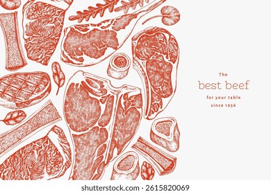 Butchery Shop Design Template. Vector Hand Drawn Meat Banner. Vintage Style Bar B Q Menu Illustration.