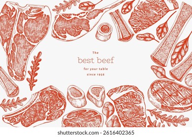Butchery Shop Design Template. Vector Hand Drawn Meat Banner. Vintage Style Bar B Q Menu Illustration.