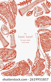 Modelo de design de talho. Banner De Carne Desenhada À Mão Vetor. Ilustração de Menu da Barra de Estilo Vintage B Q.