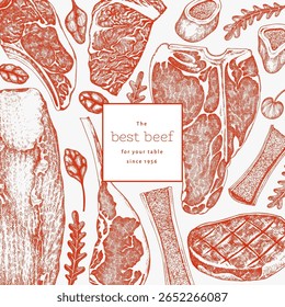 Butchery Shop Design Template. Vector Hand Drawn Meat Banner. Vintage Style Bar B Q Menu Illustration.