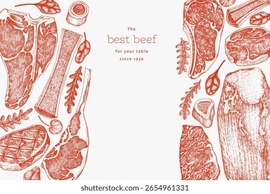Butchery Shop Design Template. Vector Hand Drawn Meat Banner. Vintage Style Bar B Q Menu Illustration.