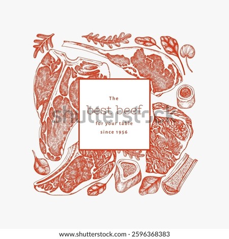 Butchery Shop Design Template. Vector Hand Drawn Meat Banner. Vintage Style Bar B Q Menu Illustration.