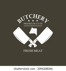 Butchery shop logo. Cow and meat knife vector design template. Premium cuts. Fresh meat