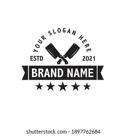 Butchery Shop Logo Design Template. Cow and meat cleaver knife vector design.
