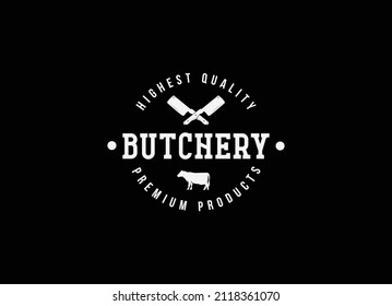 Butchery Shop Logo Design Template. Cow and Knife meet cleave vector template 