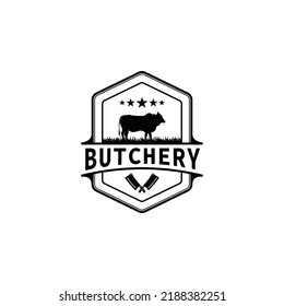 Butchery Shop Logo Design Template. Cow and meat cleaver knife vector design