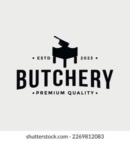 Butchery Shop Logo Design Template. Old fashioned butcher block and meat cleaver knife design.