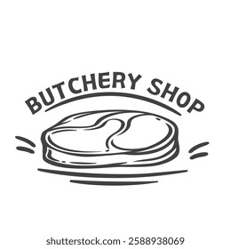 Butchery shop logo with steak line icon. Outline hand drawn emblem of high quality fresh raw beef slice for beefsteak, vintage badge of rustic farm meat store. Butchery logotype vector illustration
