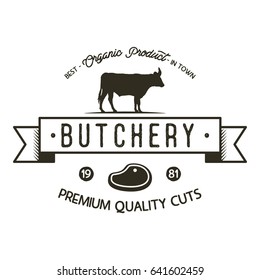 Butchery shop logo template. Old style badge design with silhouette cow symbol and typography elements. Stock vector isolated on white background.