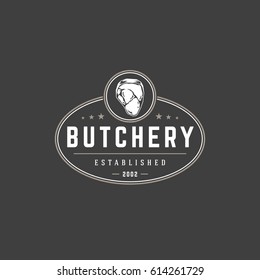 Butchery shop logo template vector object for logotype or badge Design. Trendy retro style illustration, Meat steak silhouette.