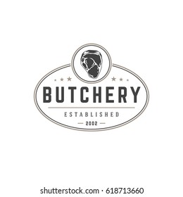 Butchery shop logo template vector object for logotype or badge Design. Trendy retro style illustration, Meat steak silhouette.
