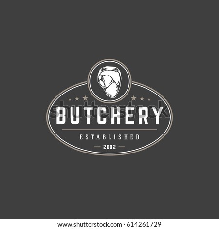 Butchery shop logo template vector object for logotype or badge Design. Trendy retro style illustration, Meat steak silhouette.