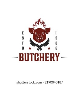 Butchery shop logo vector illustration design template, pig head and meat cleaver knife logo vector design element, good for restaurant logo design
