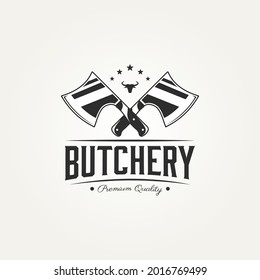 butchery shop logotype with crossed axes and bull head badge logo template vector illustration design. classic retro typography steak house, farm and restaurant emblem logo concept