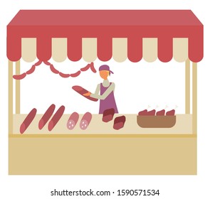 Butchery shop at marketplace isolated seller with sausages in hands. Vector meat store at market, shop-window tent and butcher selling meaty products