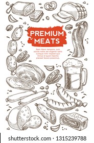 Butchery shop meat and beer in mug beef and pork vector sketch ham and salami bacon and sausage frankfurter and pretzel garlic and pistachio nut alcohol beverage snack slices or pieces organic product