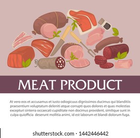 Butchery shop meat product herbs and spices vector food beef and pork ham and sausage veal and salami bacon and paper parsley and bay leaf fork and knife cutlery and greenery market and cooking.