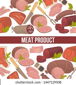 Butchery shop meat product herbs and spices vector food beef and pork ham and sausage veal and salami bacon and paper parsley and bay leaf fork and knife cutlery and greenery market and cooking.