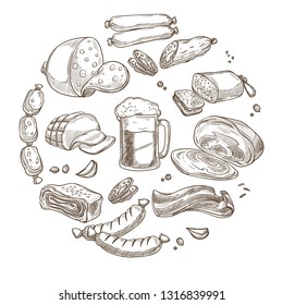 Butchery shop meat and sausages with beer cup sketch food and drink vector sketch beef and pork ham and salami frankfurter and bacon slices garlic spice and alcohol beverage with foam in mug