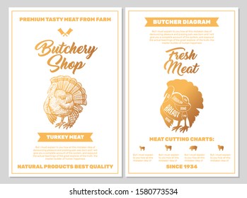 Butchery Shop Poster with Turkey Meat Cutting Charts in Golden Colors on White Blackground. Vector Vertical Print Templates. Sketch Hand-drawn Farm Animal Illustration. Butchers Guide Diagram Design