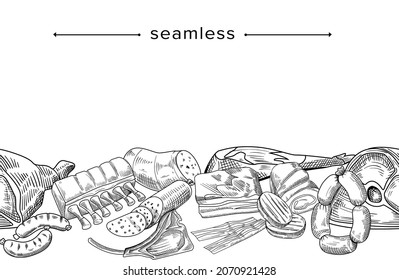 Butchery Shop Produktion Doodle Nahtlose Muster, handgezeichnetes Schweinefleisch, Kühl- und Rippchen, Bacon, Sirloin und Salami, Fleisch, Streifen Steak und Würste Monochrome Rahmen oder Grenze. Lineare Vektorgrafik