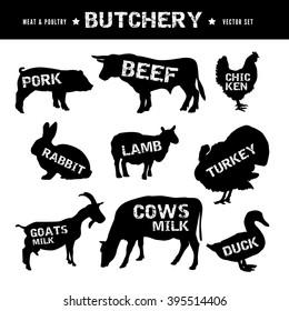 Butchery shop silhouettes vector set