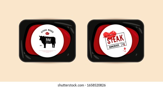 Butchery and steak label. Presentation on the packaging of meat. Design in hand-drawn style