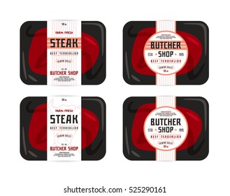 Butchery and steak label. Presentation on the packaging of meat. Color typography on white label