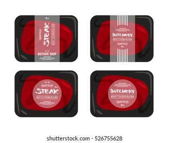 Butchery and steak label. Presentation on the packaging of meat. White typography on transparent label