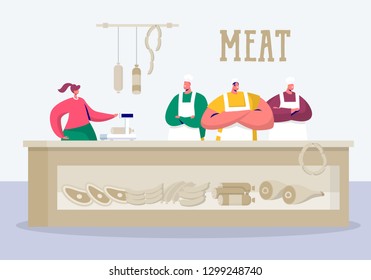 Butchery Store Keeper Stand at Local Meat Product. Butcher Grocery Retail Business Supermarket Owner sell Organic Farm Pork Meat. Protein Salesman Farmer Flat Vector Cartoon Illustration