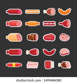 Butchery vector items in sticker style. Illustration of a different kinds of meat. Food for menu or restaurants and shops.