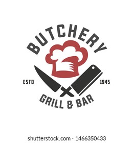 Butchery vector logo template. Vintage meat shop logo with meat knives and chef's hat. Logo or poster for meat shop, butchery, grocery store.