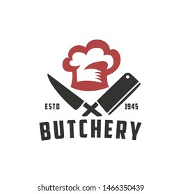 Butchery vector logo template. Vintage meat shop logo with meat knives and chef's hat. Logo or poster for meat shop, butchery, grocery store.