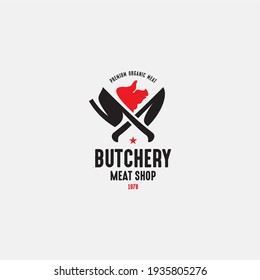 Plantilla de logotipo vectorial de carnicería. Logo de la tienda de carne de época con cuchillos de carne.