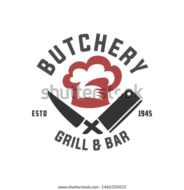 Butchery vector logo template. Vintage meat shop\
logo with meat knives and chef\'s hat. Logo or poster for meat shop,\
butchery, grocery\
store.
