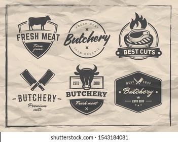 Butchery vector logos. BBQ, grill, meat, barbecue, steak badges and stickers. Retro emblems for steak house or grill bar.