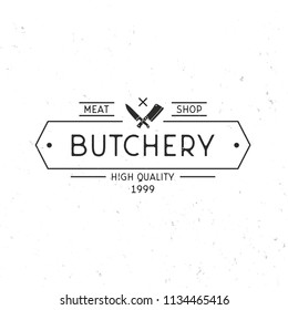 Carnicería - concepto de logo vintage. Logo de la tienda de carniceros. Cuchillos de carne y marco de cosecha. Plantilla del logotipo de la tienda de carne. Textura gruesa. Ilustración del vector