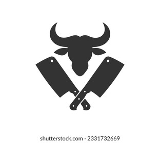 Butchery vintage logo design. Cattle Head Silhouette and Crossed cleavers. Logo of Butchery meat shop with Meat knives vector design and illustration.
