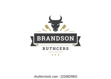 Butchery vintage logo design template aggressive bull head with culinary knives vector illustration. Butcher shop farm animal organic meat grocery business retail branding identification label mark