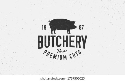 Butchery vintage logo. Meat shop emblem in retro style. Pork label, emblem, badge with pig silhouette. Vector illustration