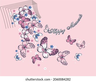 Buterflys  flowers around neck on pink background. Print for t shirt.