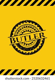 Butler black grunge emblem inside yellow warning sign. Vector Illustration. Detailed. 