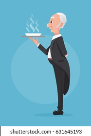 Butler In Black Tuxedo Holding Tray With Soup Dish. Vector Flat Cartoon Illustration