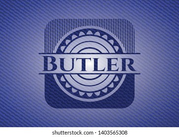 Butler Emblem With Jean Texture. Vector Illustration. Detailed.